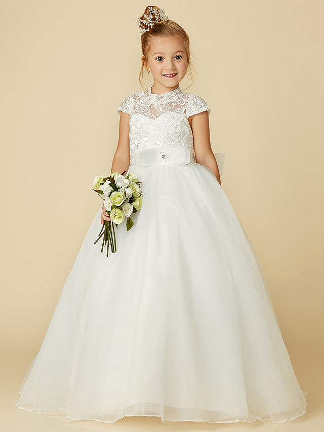 Oknass Ball Gown Short Sleeve High Neck  Flower Girl Dress Floor Length Lace Tulle With Lace  Sash  Ribbon  Bow