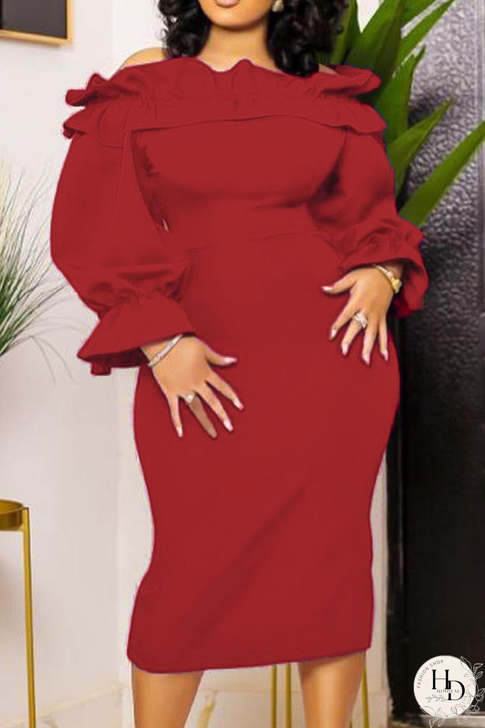 Rose Red Elegant Solid Patchwork Flounce Off the Shoulder One Step Skirt Dresses