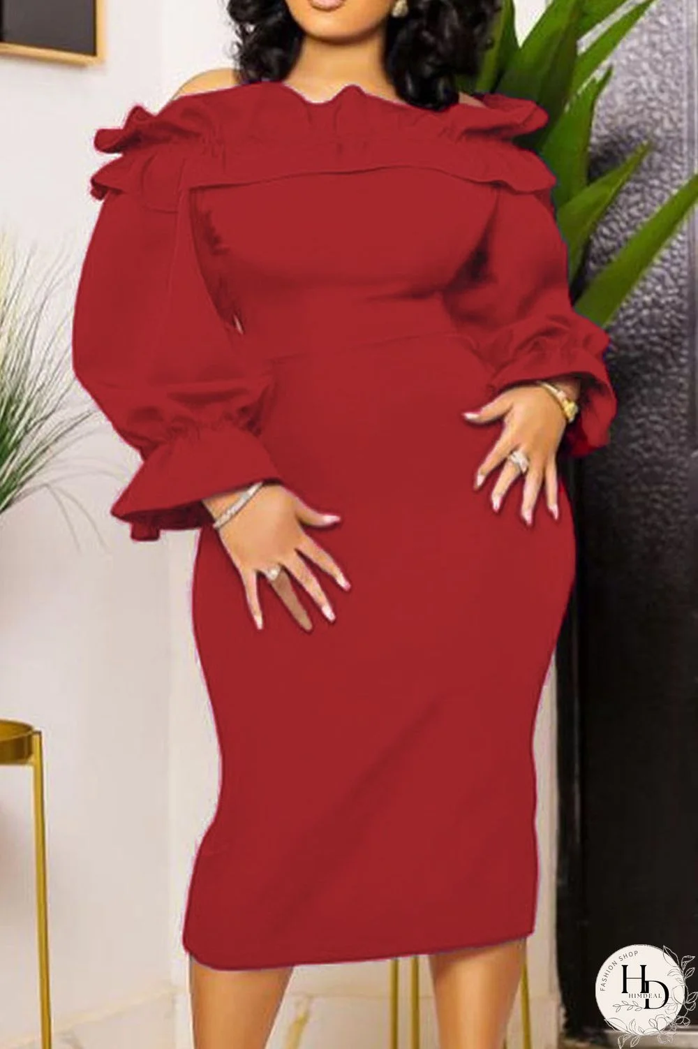 Rose Red Elegant Solid Patchwork Flounce Off the Shoulder One Step Skirt Dresses