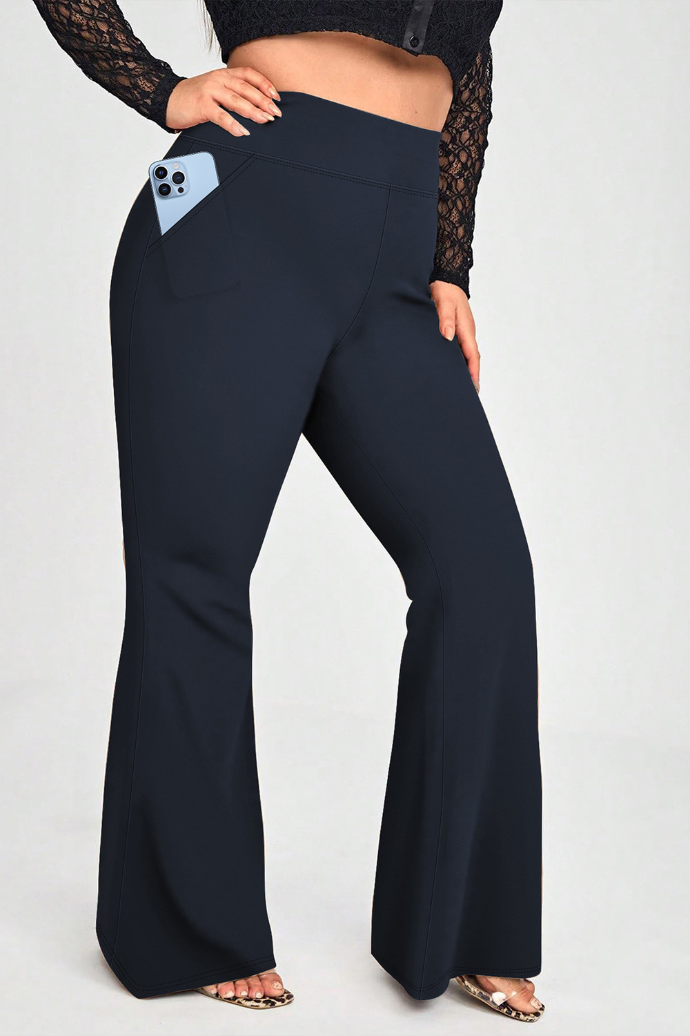 Plus Size Everyday Black High Waist Pocket Flare Leg Pants 2024 - Flycurvy 