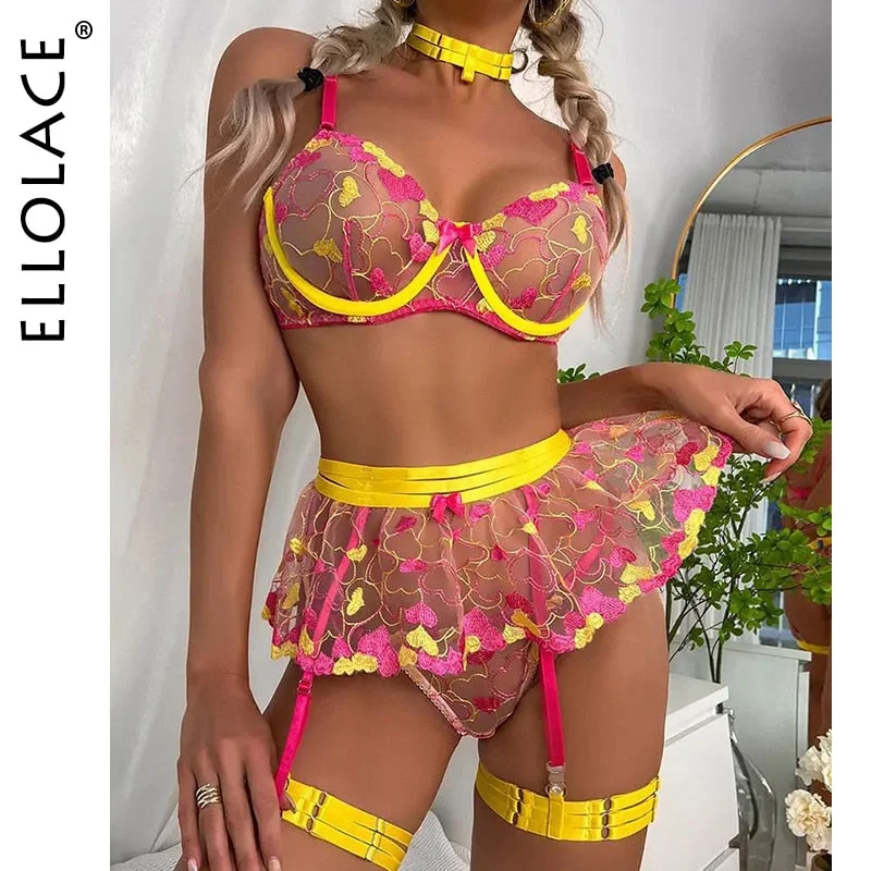 Ellolace Valentine Lingerie Fancy Beautiful Underwear Ruffled Garters Heart-Shaped Embroidery Transparent Bra Sensual Exotic Set