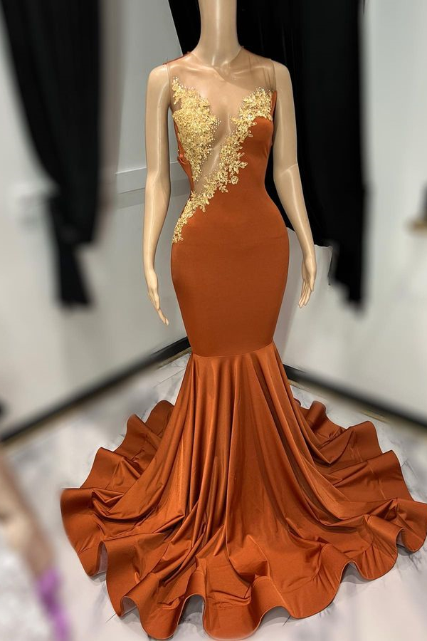 Classy Burnt Orange Prom Dress Mermaid Sleeveless With Appliques - lulusllly