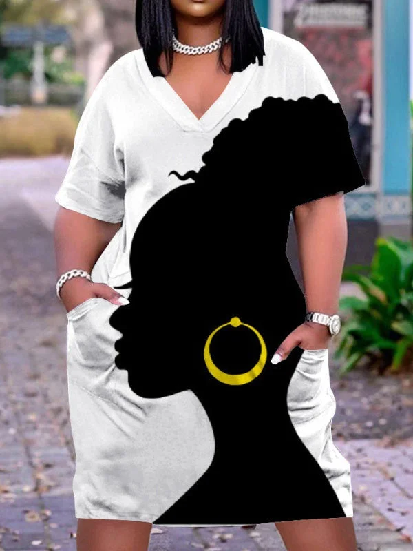 Women's White Plus Size V-neck Mid-sleeve Dress