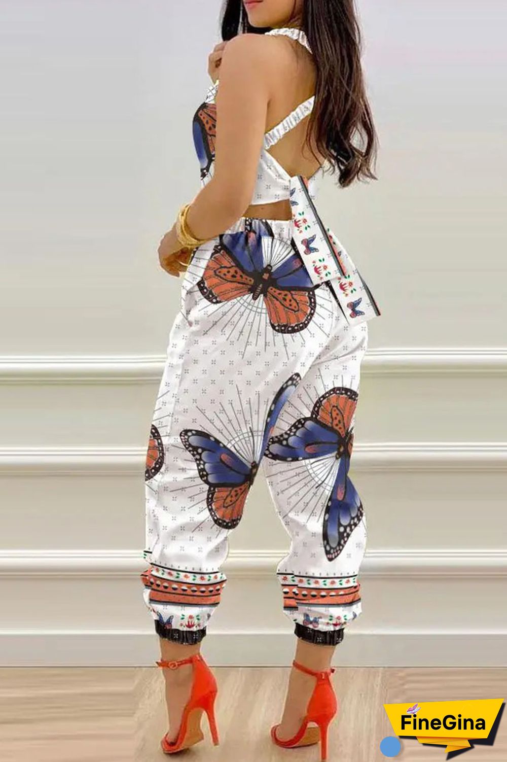 White Sexy Print Bandage Patchwork Backless Spaghetti Strap Regular Jumpsuits