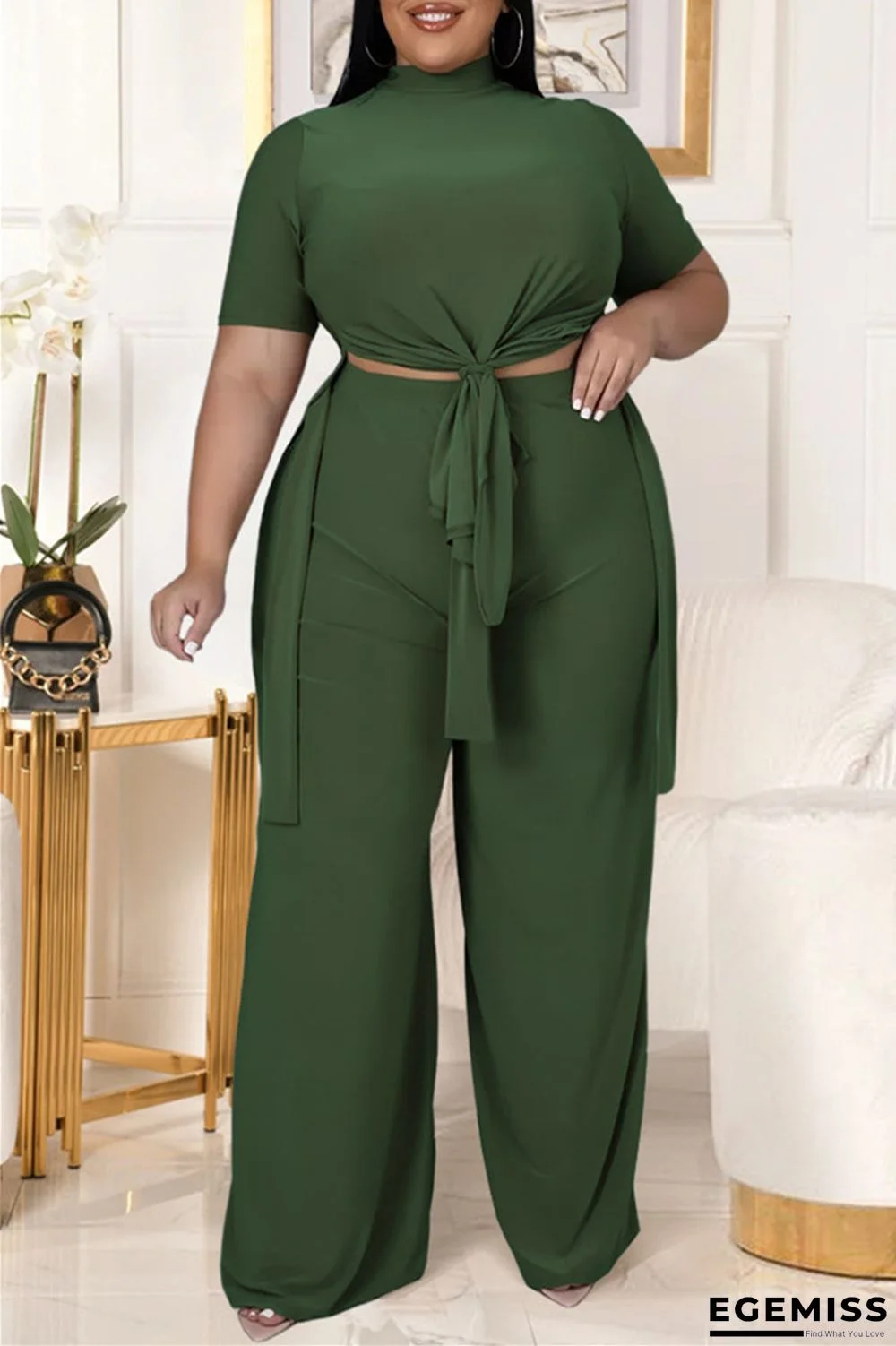 Green Fashion Casual Solid Bandage Slit Turtleneck Plus Size Two Pieces | EGEMISS