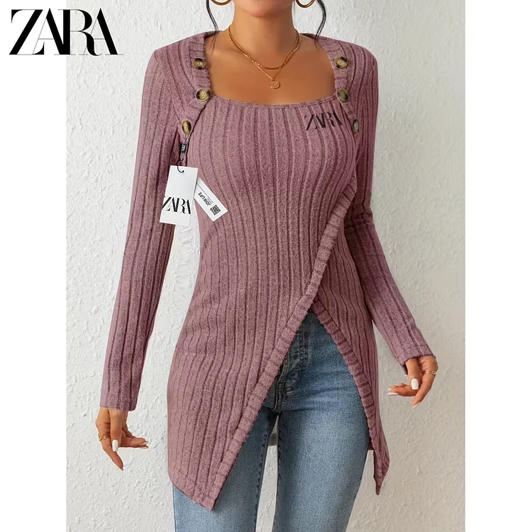 Pleten&eacute; tričko s dlouh&yacute;m ruk&aacute;vem a čtvercov&yacute;m v&yacute;střihem ZARA