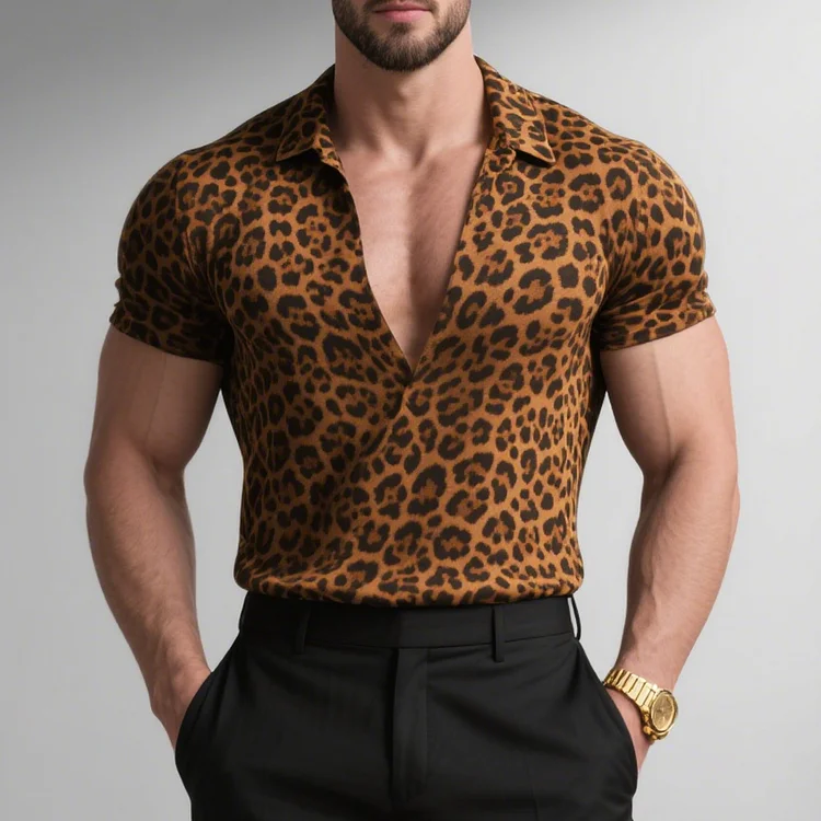 Okaywear Leopard Pattern Turndown Collar V Neck Short Sleeve Shirt Okaywear