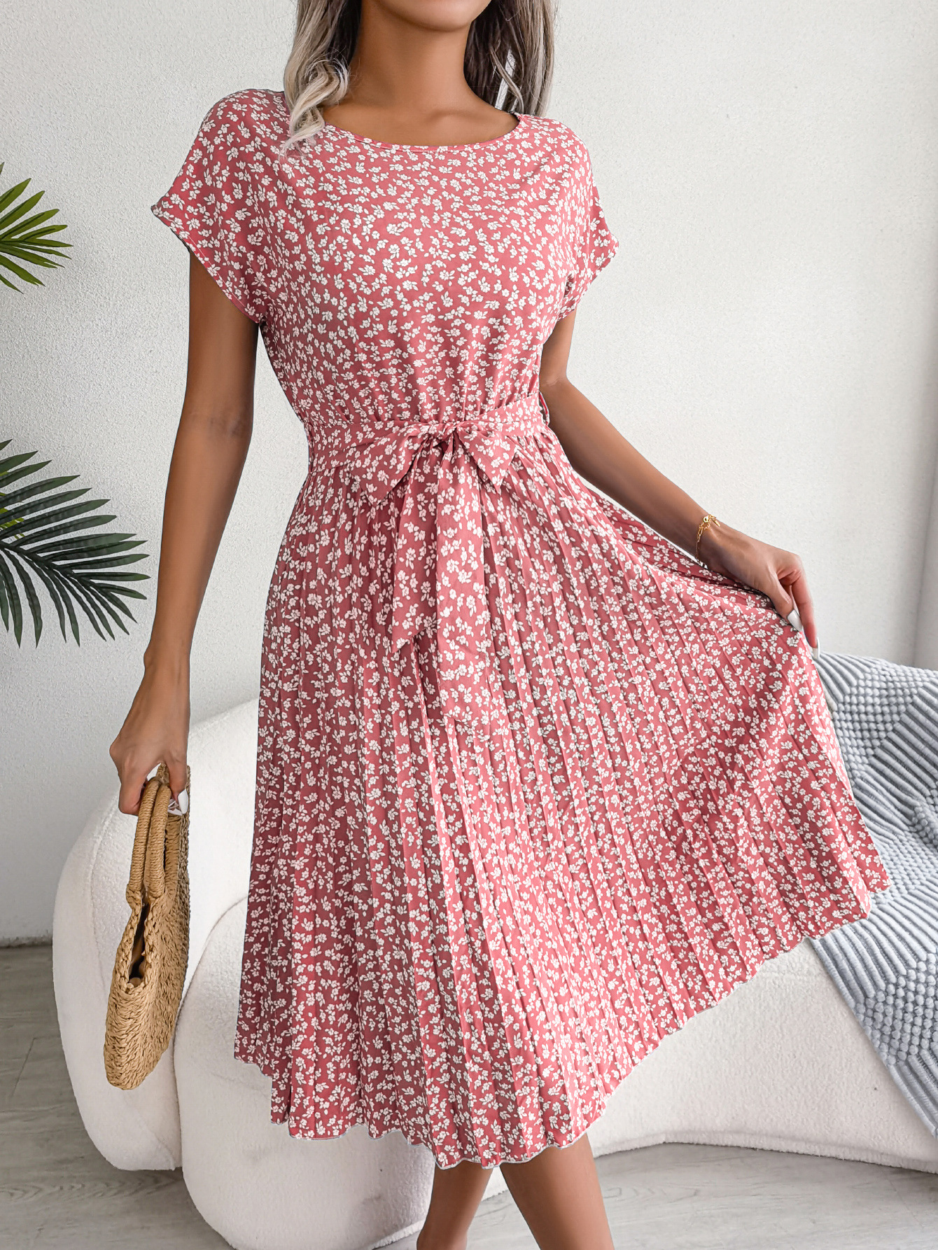 Mature Women's Casual Floral Large Hem Pleated Skirt Dress
