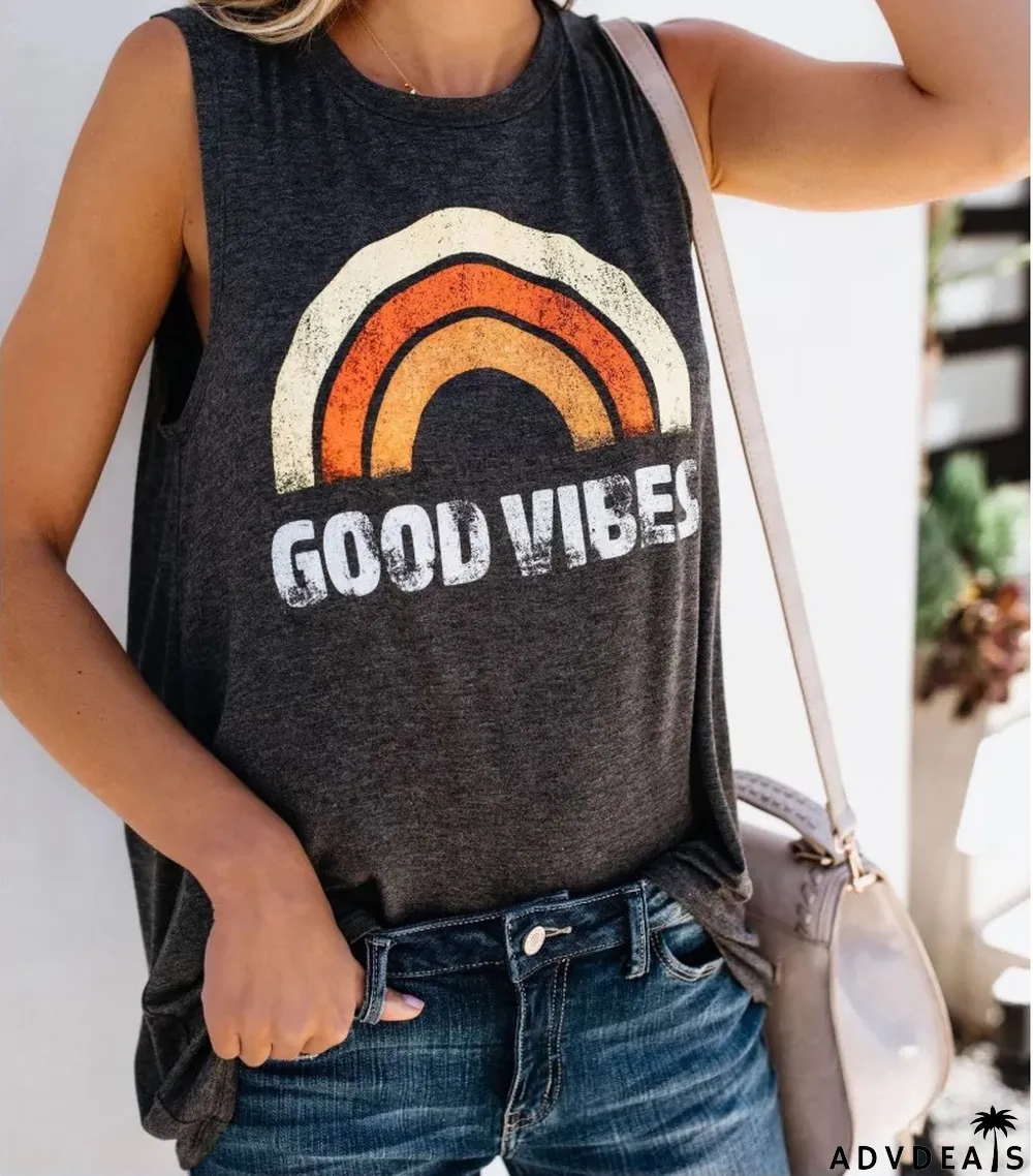 Summer Women'S Tank Top Letter Print Round Neck Sleeveless T-Shirt