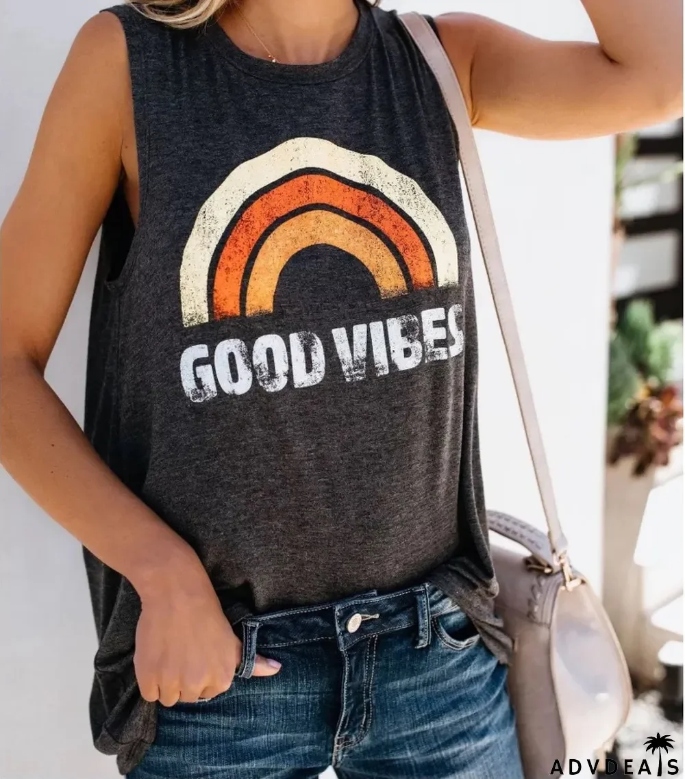 Summer Women'S Tank Top Letter Print Round Neck Sleeveless T-Shirt
