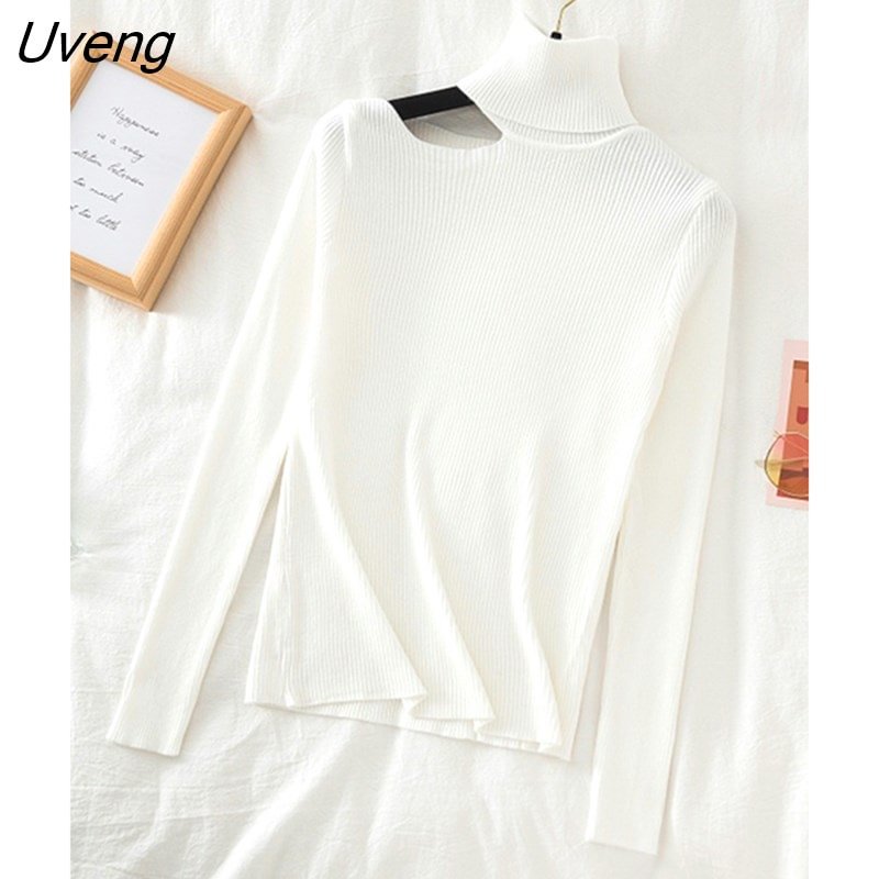 Uveng Off Shoulder Pullovers for Women Long Sleeve Turtleneck Knitted Sweater Female Jumper Clothing Korean Jumper Pull Femme