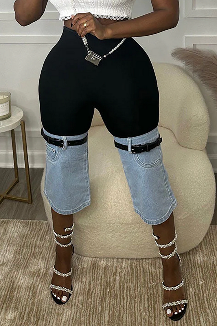 Plus Size Black Daily Denim Patchwork Belt Design Jeans 