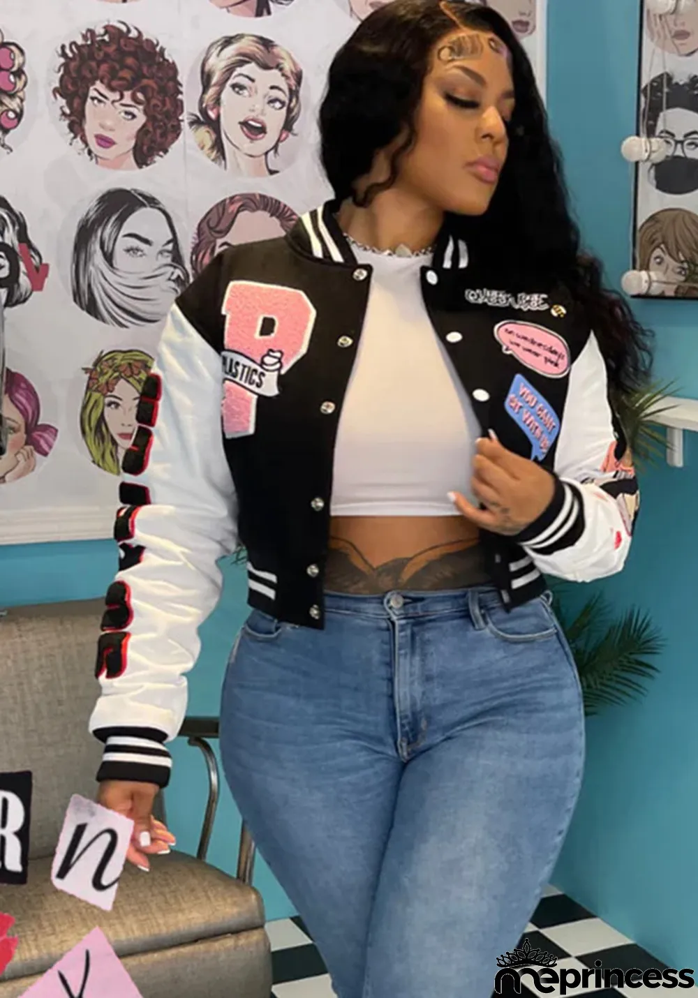 Women's Fashion Printed Baseball Jacket Bomber Coat