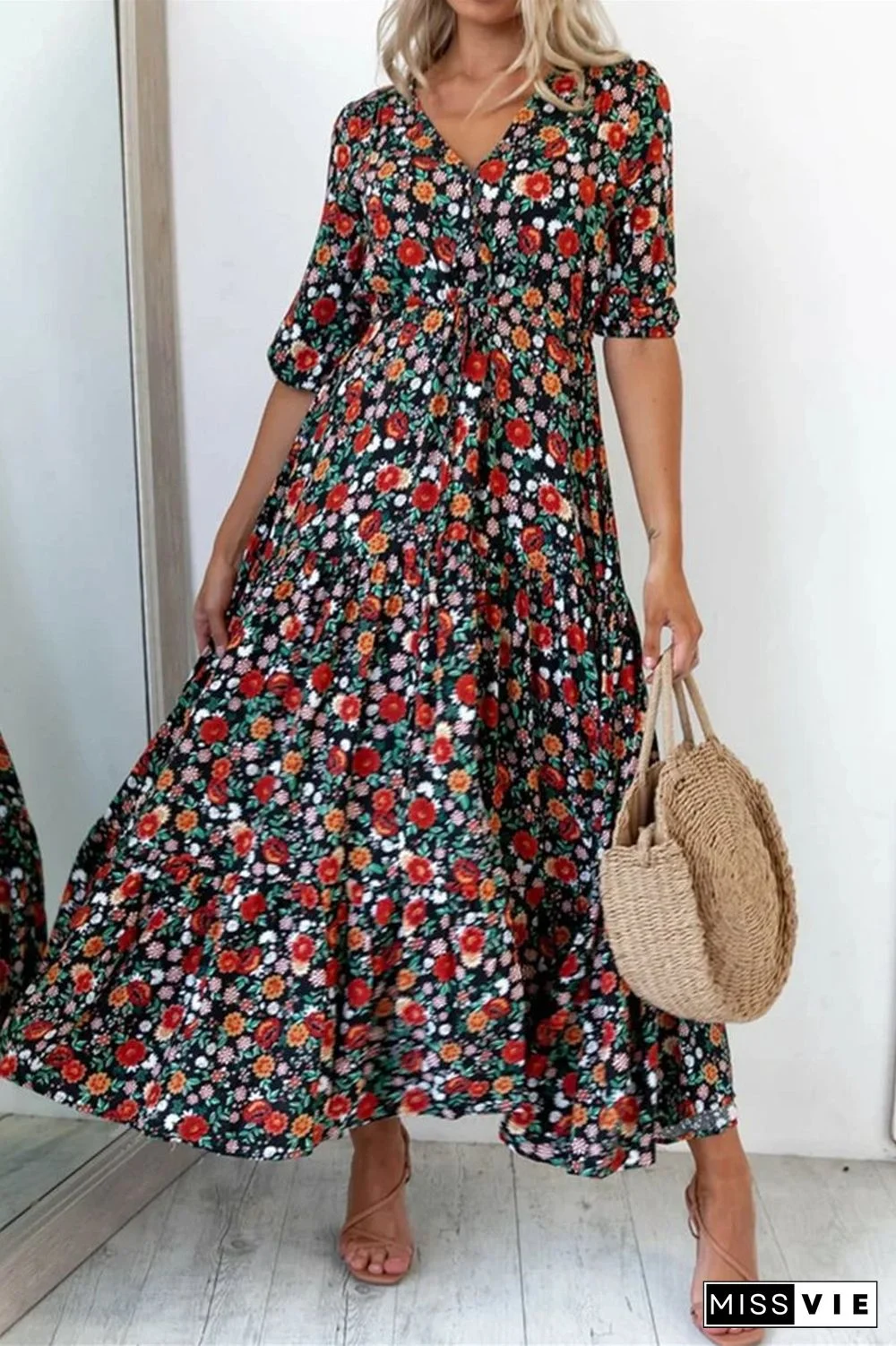 Floral Print V-Neck Slit Maxi Dress