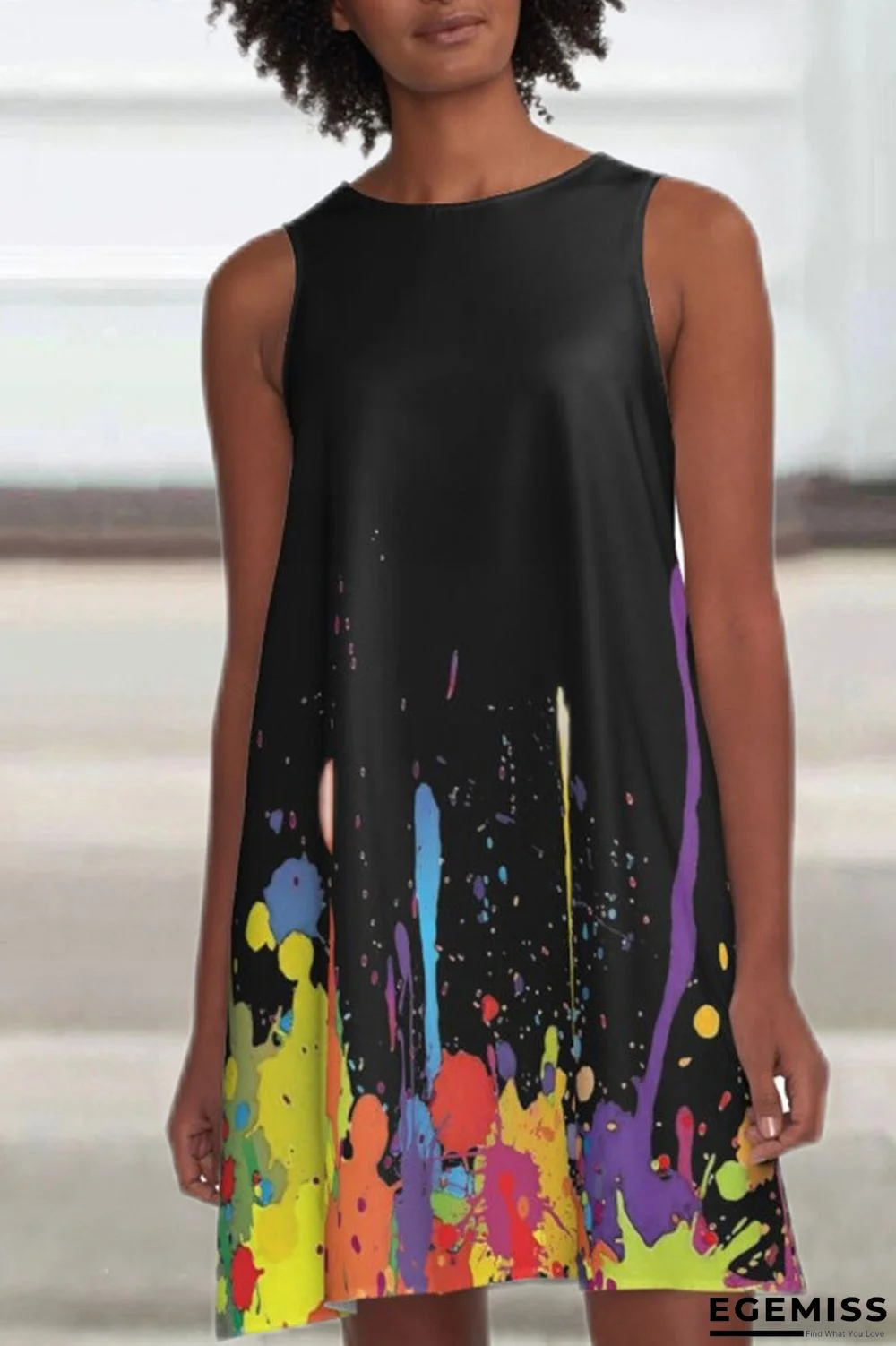 Black Casual Print Patchwork O Neck A Line Dresses | EGEMISS