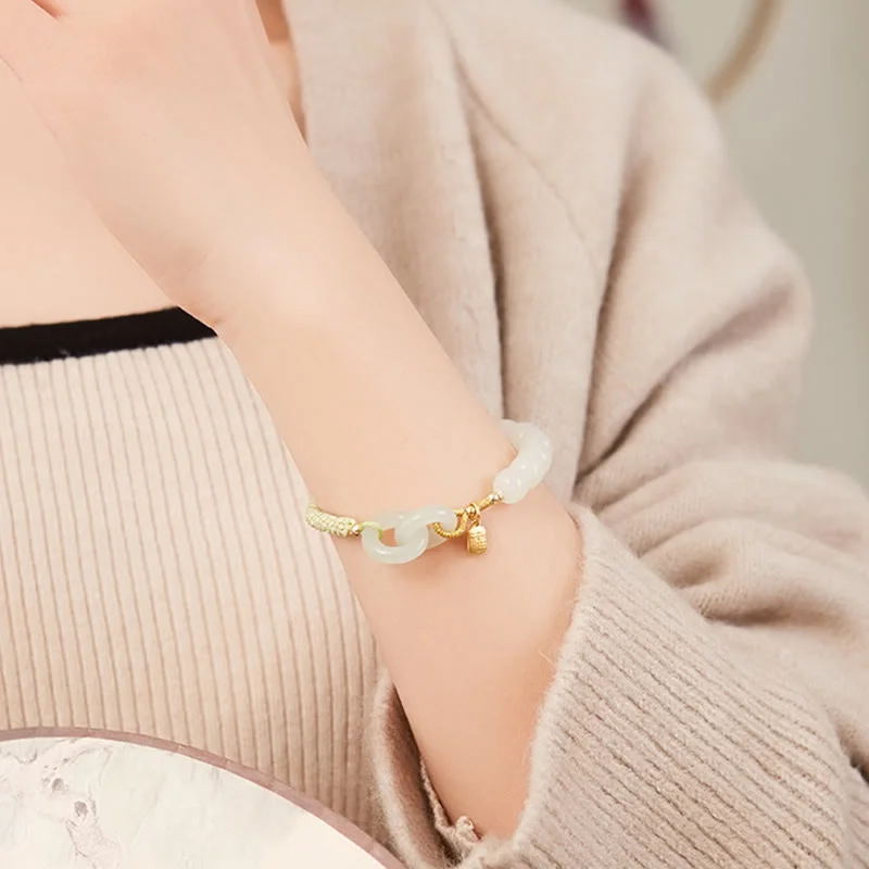 Natural Hetian Jade Bead Double Peace Buckle Fu Character Abundance Braided Bracelet