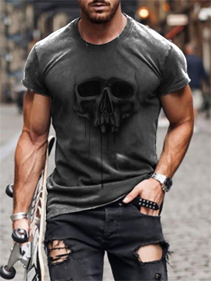 Skull Print Straight Type Sports Cotton Not Hooded Collarless T-shirt