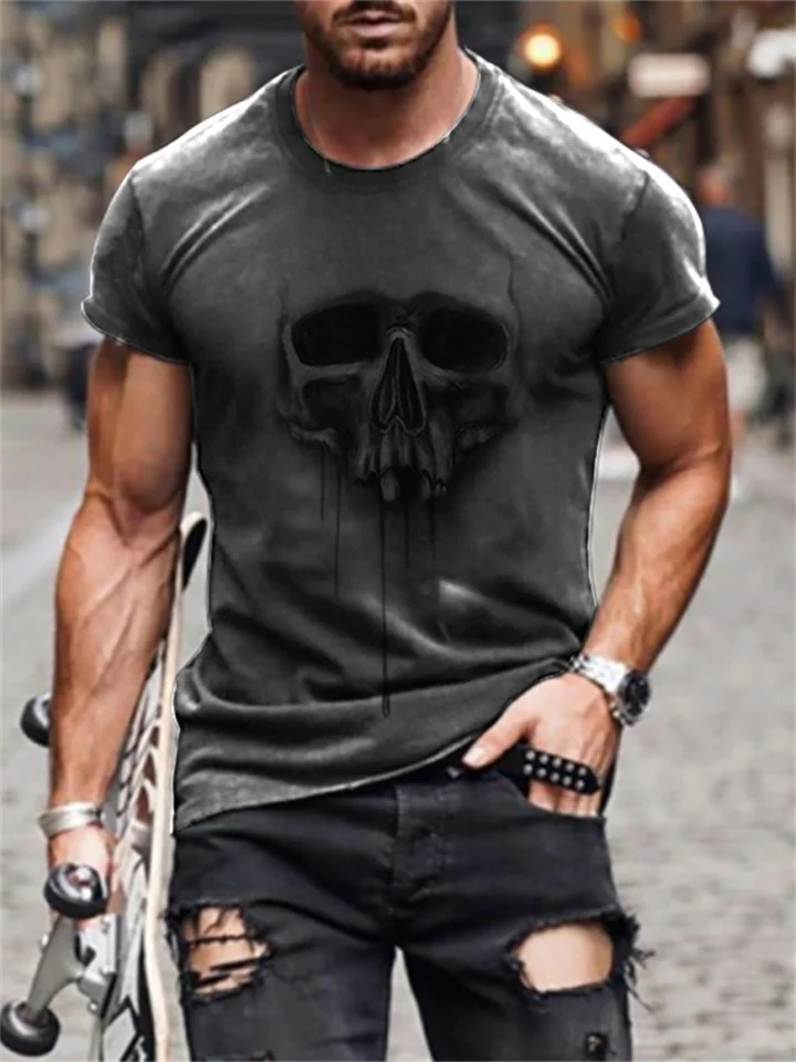 Skull Print Straight Type Sports Cotton Not Hooded Collarless T-shirt | 168DEAL