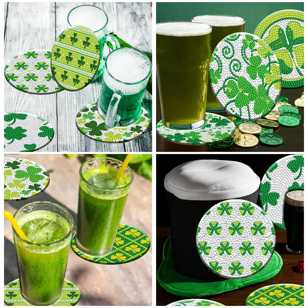 8pcs DIY Saint Patricks Day Wooden Diamond Painting Art Coaster Kit with Holder for Adults Kids