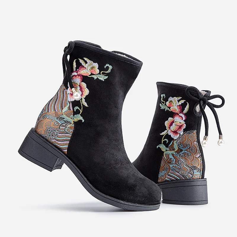 Zingj Zingj New Women's Boots Suede Cotton Boots And Velvet Inside The Middle Heel Ankle Boots To Keep Warm Fashion National Style Embroidered Cloth Shoes