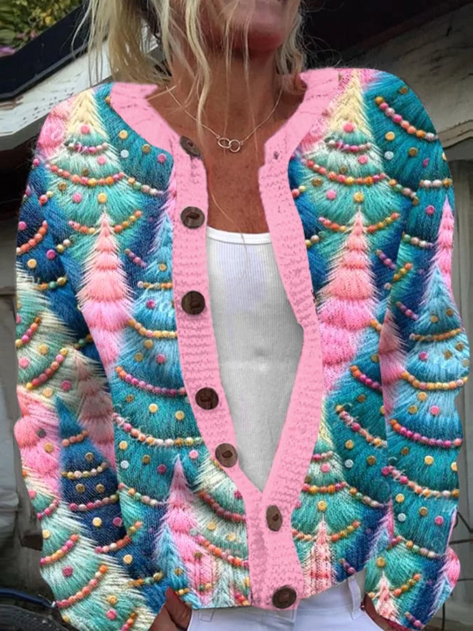 Women's Christmas Tree Print Knitted Cardigan