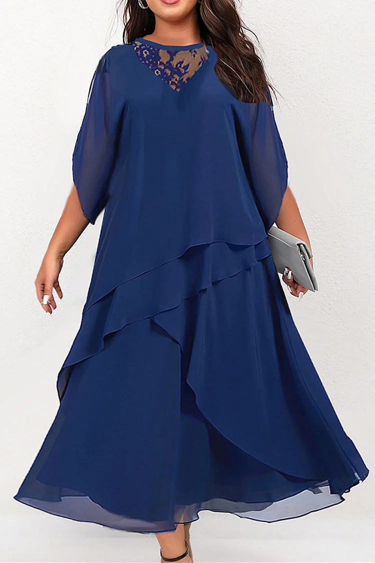 Flycurvy Plus Size Formal Navy Blue Chiffon Cut Out Lace Asymmetrical Hem Maxi Dress  Flycurvy [product_label]
