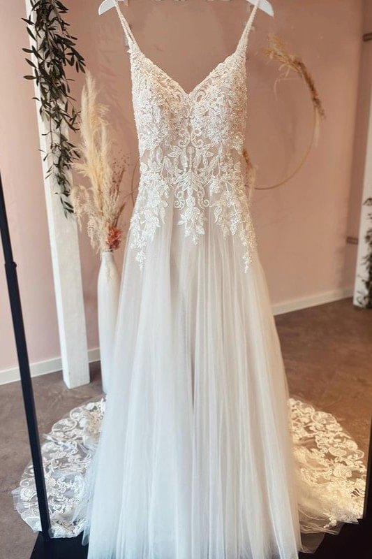 Pretty Spaghetti-`Straps Sweetheart Tulle A-Line Wedding Dress With Appliques Lace | Ballbellas Ballbellas
