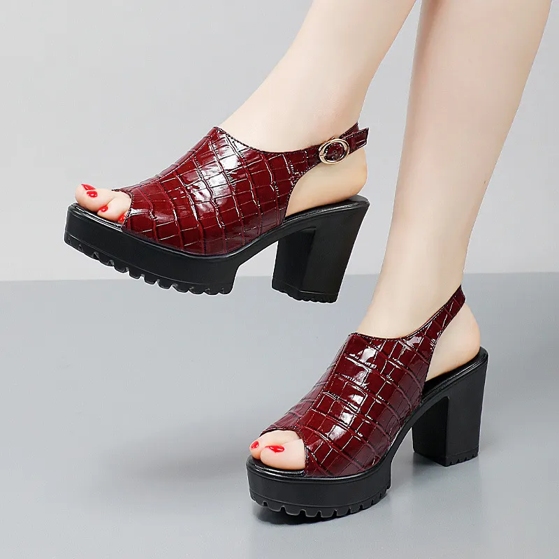 Breakj Breakj Mouth Patent Leather Crocodile High Heel Sandals Summer White Wedding Shoes Waterproof Table Thick Cheongsam Walking Shoes Coarse Heel Women's Shoes
