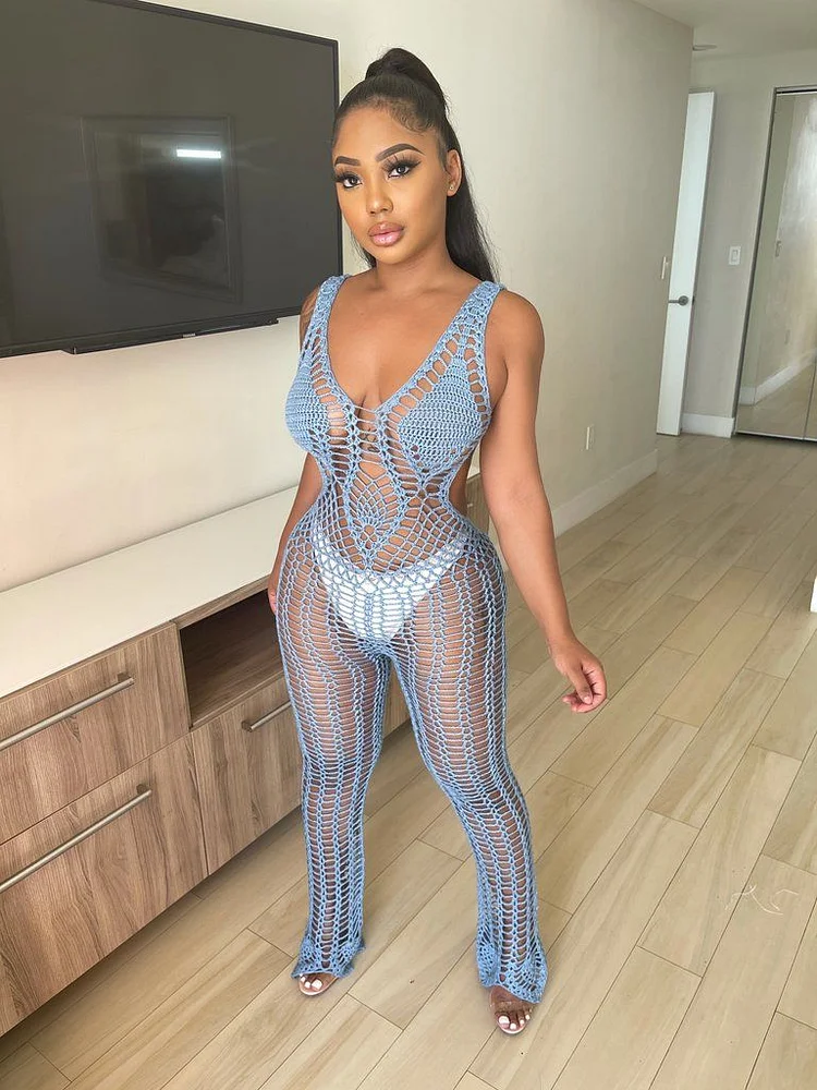 Knit Beach Cover Up V Neck Cutout Crochet Jumpsuit
