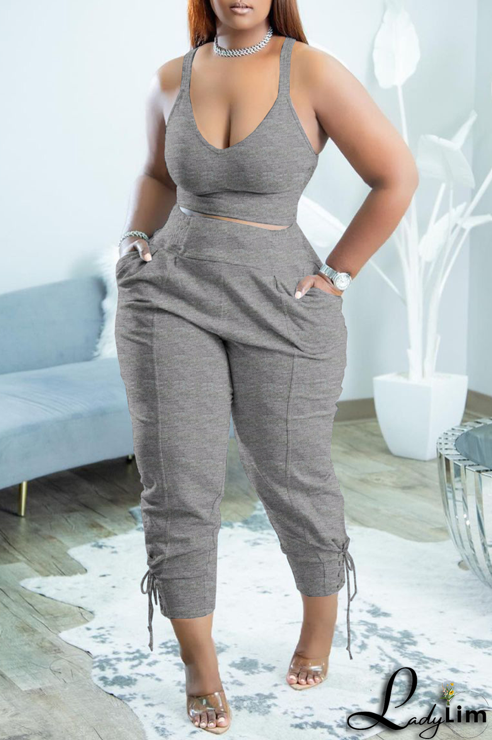 Grey Sexy Solid Patchwork V Neck Plus Size Two Pieces