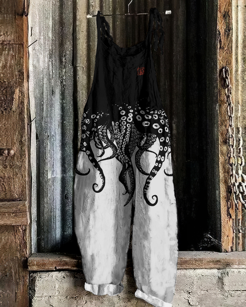 Comstylish Vintage Japanese Art Octopus Legs Print Casual Linen Blend Loose Jumpsuit