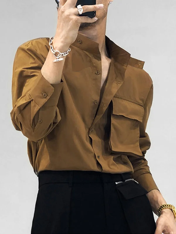Aonga - Mens Stand Collar Pocket Long Sleeve ShirtsI