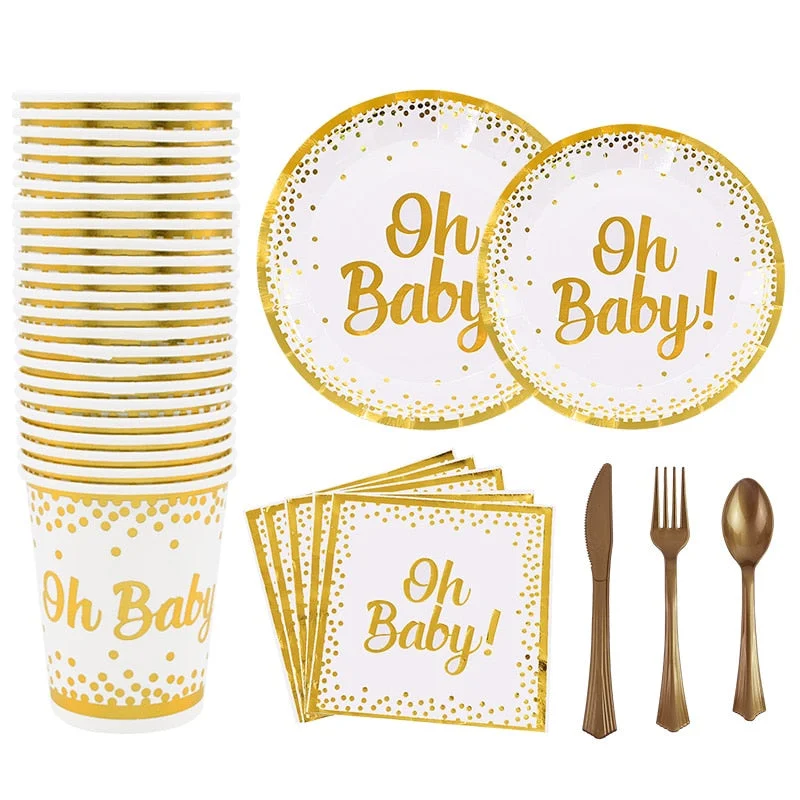 Oh Baby Gold Dot Disposable Tableware Set Boy Girl Baby Shower Favor Gender Reveal Balloon Banner Kids Birthday Party Decoration
