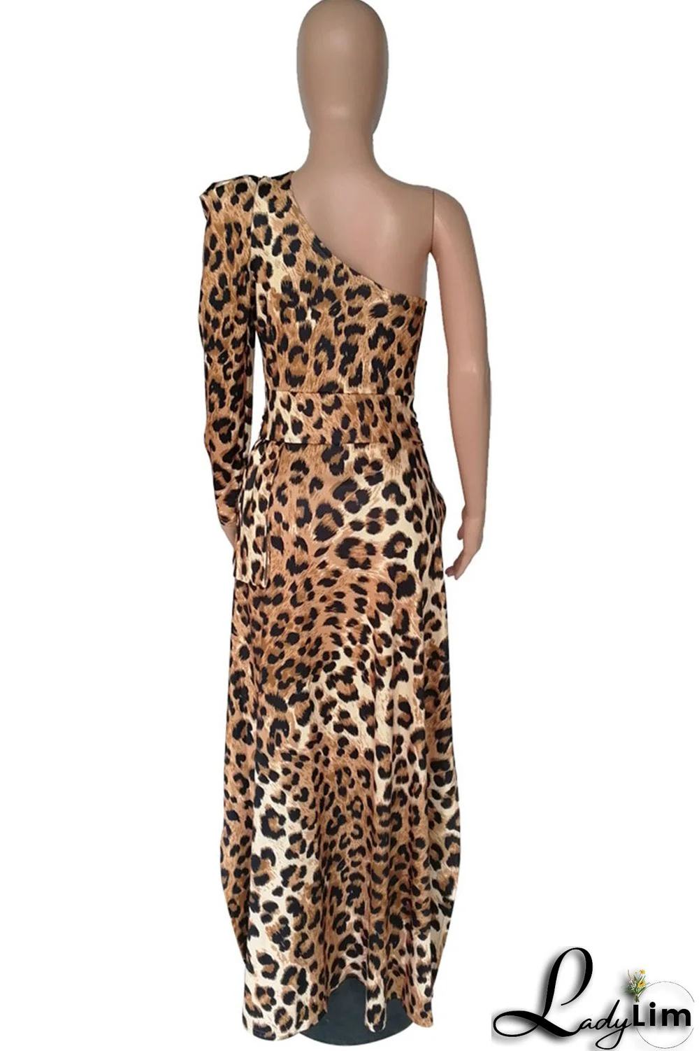 Black Sexy Print Leopard Split Joint Fold Asymmetrical Oblique Collar Dresses