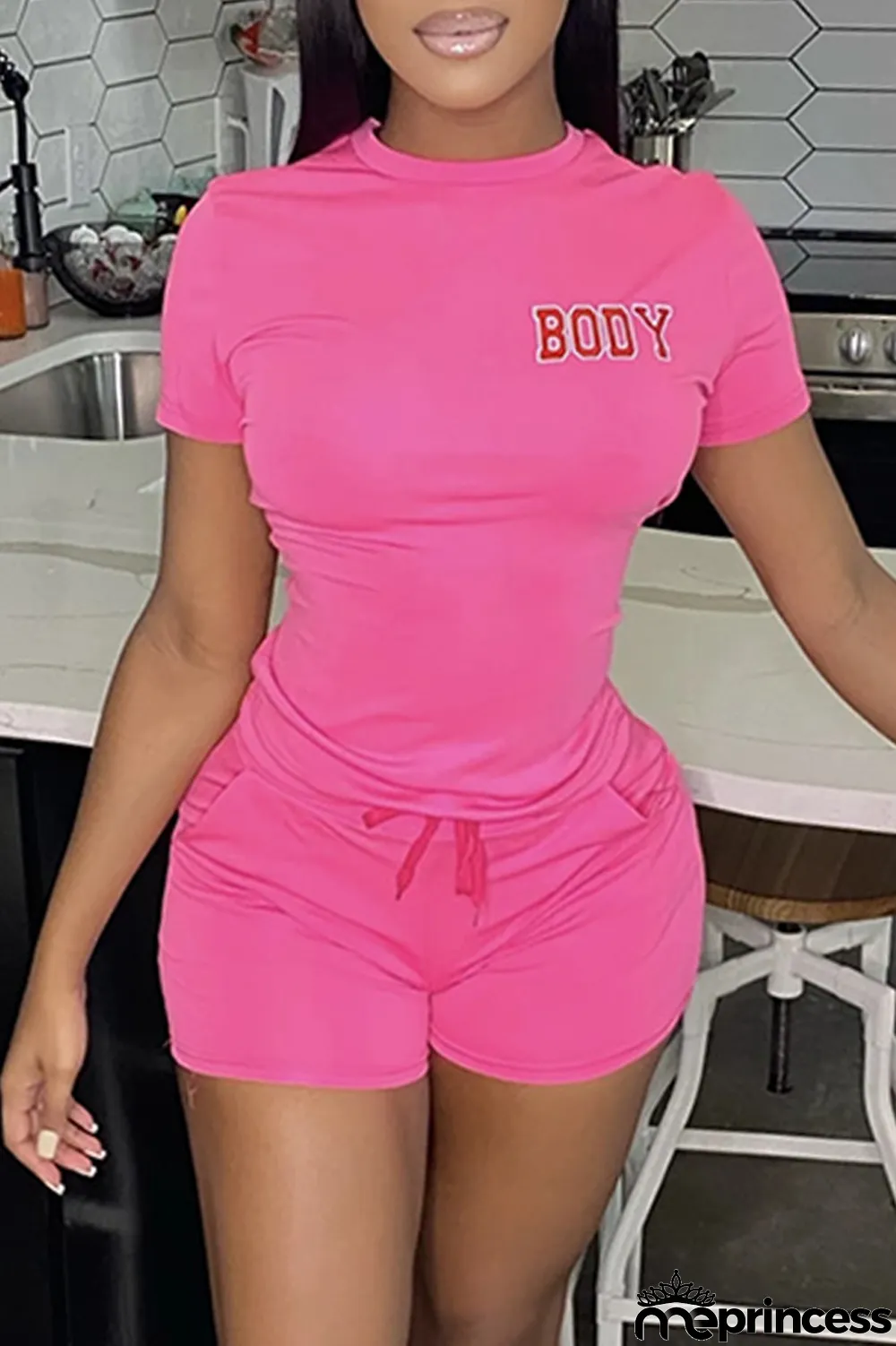 Black Fashion Casual Letter Print Basic O Neck Short Sleeve Two Pieces