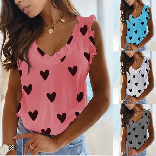 Heart Print V-Neck Ruffled Pleated T-Shirt Top - Shop Trendy Women's Fashion | TeeYours