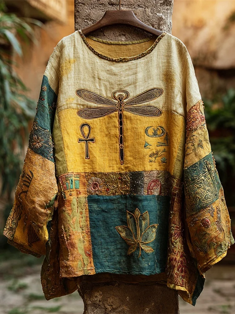 Vintage Egyptian Dragonfly & Lotus Embroidery Patchwork Women's Linen Top