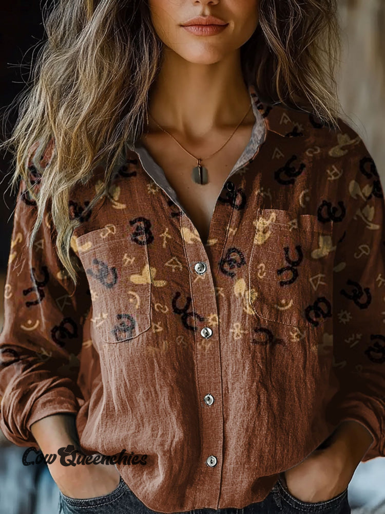 Women’s Retro Brown National Symbol Horseshoe Art Print Casual Long Sleeve Comfortable Cotton