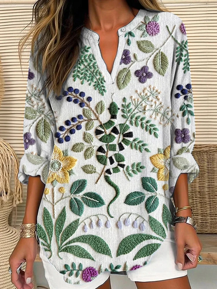Women's Snake & Floral Japanese Embroidery Linen Blend Shirt