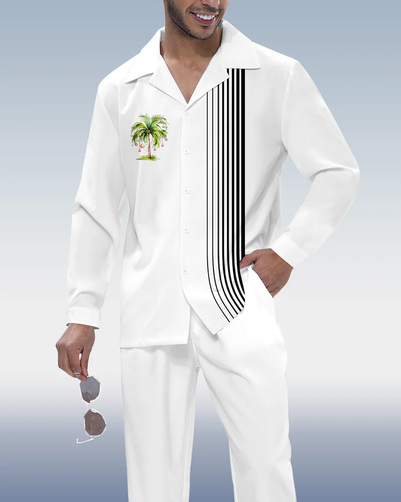 Men's Christmas Vertical Stripe Print Long Sleeve Shirt Walking Suit 338