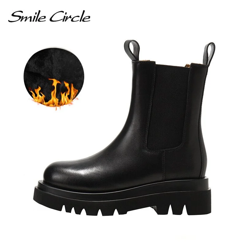 Smile Circle Autumn Slip-on Chelsea Boots Women Genuine Cow Leather fashion Round-toe Flat Platform Boots Lady shoes