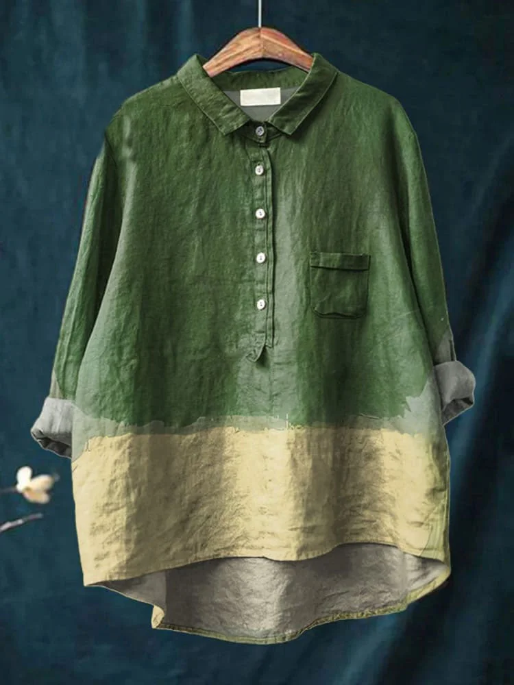 Women's Abstract Simple Color Matching Modern Art Print Casual Cotton And Linen Shirt