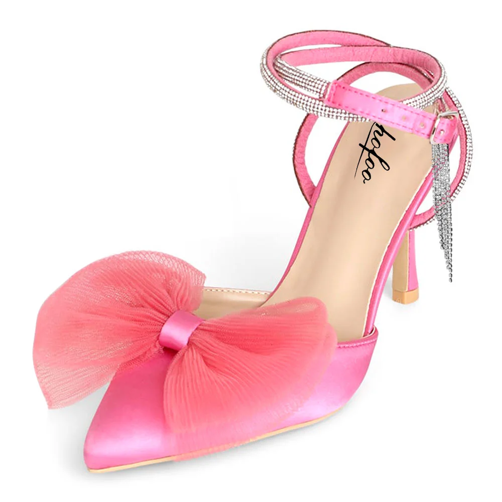 Full Pink Closed Toe Pumps Rhinestone Stiletto Bow Ankle Strap Pumps Nicepairs