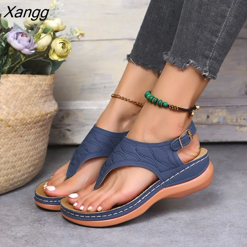 Punklens Summer Women Strap Sandals Women's Flats Open Toe Solid Casual Shoes Rome Wedges Thong Sandals Sexy Ladies Shoes