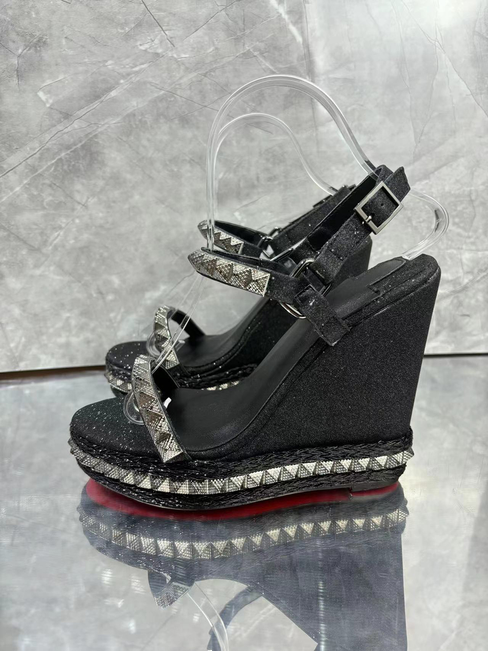 110mm Women's Platform Wedge Pumps Silver Pyramid Spike Red Bottoms Sandals