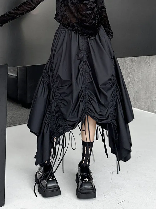 A-Line Elasticated Waist Asymmetric Drawstring Pleated Solid Color Skirts Bottoms
