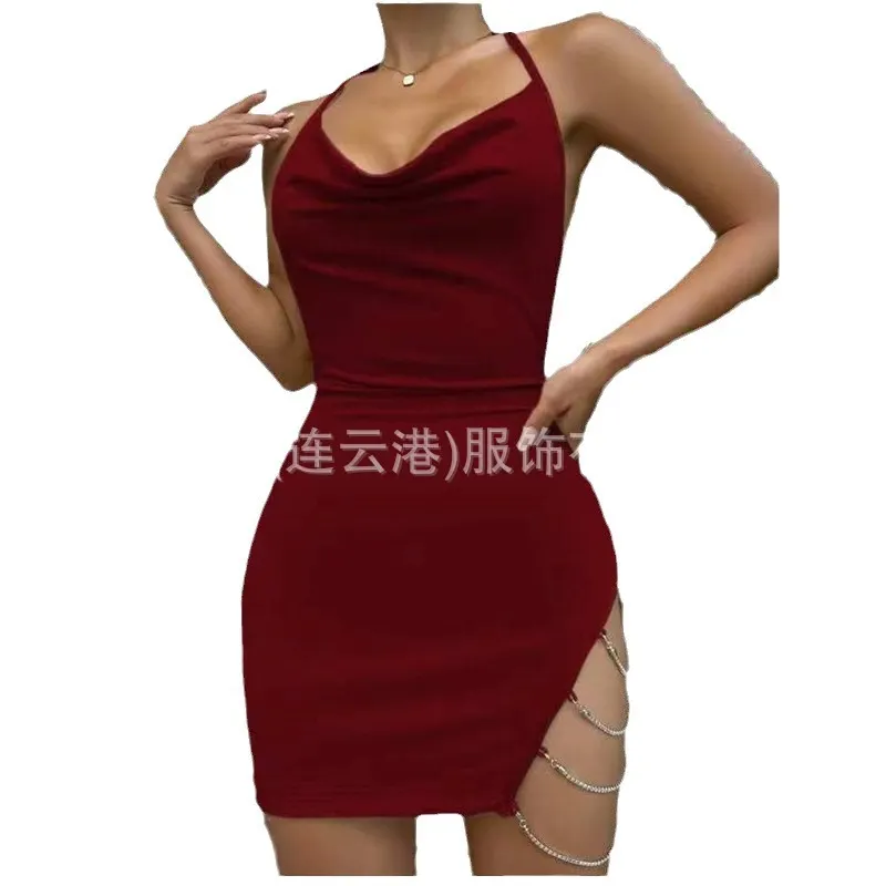 Churchf New Women's Hot-Selling Back Sexy Hollow Open Bag Hip Dress Chain Hanging Dress Suit