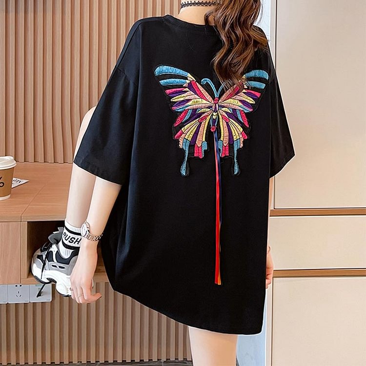 Chic Butterfly Embroidery Round Collar T-Shirt - Modakawa Modakawa