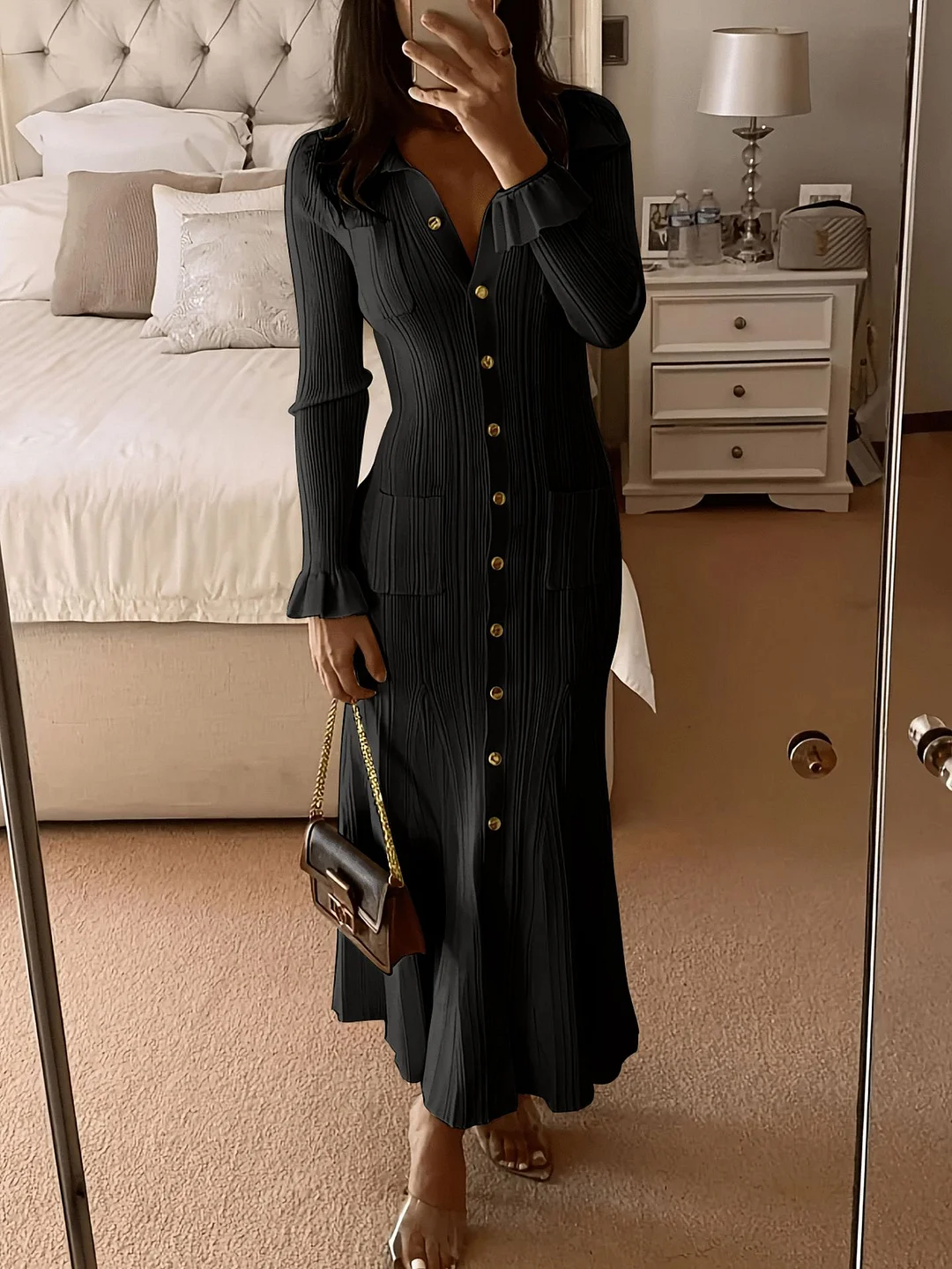 Nigikala Nigikala Collar Body Solid Temperament Elegant Knitted Dress Long Dress Autumn And Winter Women's Dress