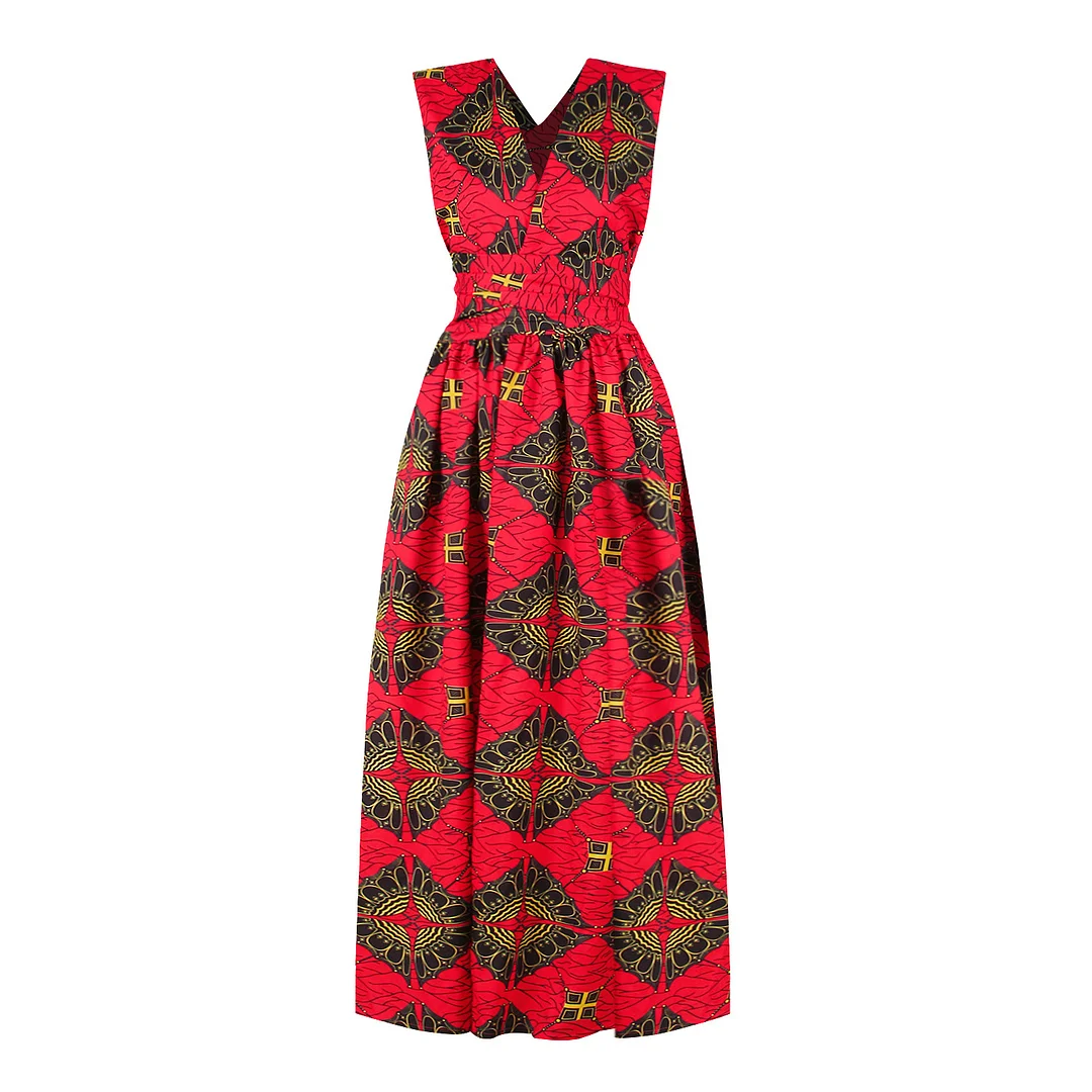 Printed Round Neck Sleeveless Large Hem Long Dress